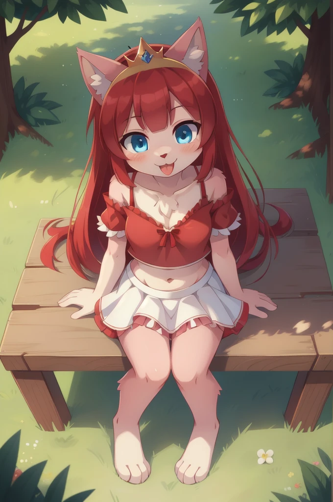 furry girl, cat, red hair, Knight bangs hairstyle, long ponytail, anime style, medium breasts, blue eyes, ((red frilly shirt, two shoulders, midriff, white skirt, princess crown)), lift shirt, showing panties, showing breasts, high quality, detailed body, detailed eyes, detailed face, masterpiece, glistening body, detailed body fur, best quality, two tone body, pink fur, clear pink fur, perfect lighting, perfect shadows, perfect eyes, perfect hair, perfect face, gorgeous body, skinny, solo, tongue out, sitting, park, skinny, looking at viewer, full body, feets with three toes, 3 toes, score_9,score_8_up,score_7_up, source_cartoon, source_furry, glowing blue eyes, from above, motion blur, Birds Eye view,