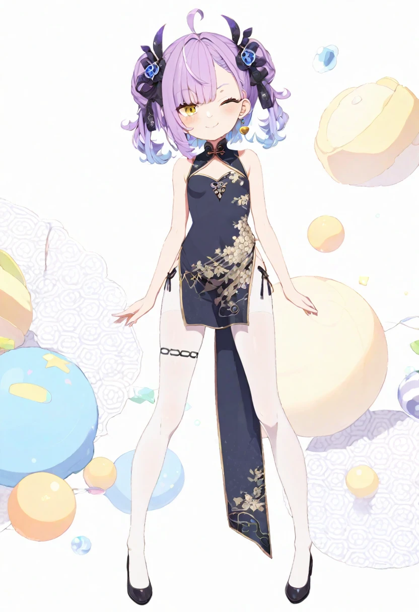 1 girl, vtuber style, cool girl, hololive, Murasaki Shion, china dress,chinese clothes, earrings, white pantyhose, Backless, back to viewer, legs, lower body, small chest, cropped shoulders, clavicle, one eye close winking, smile, close mouth, body visible through clothes, chest visible through clothes, ass visible through thighs, (full body), looking at viewer, standing, sexy pose,