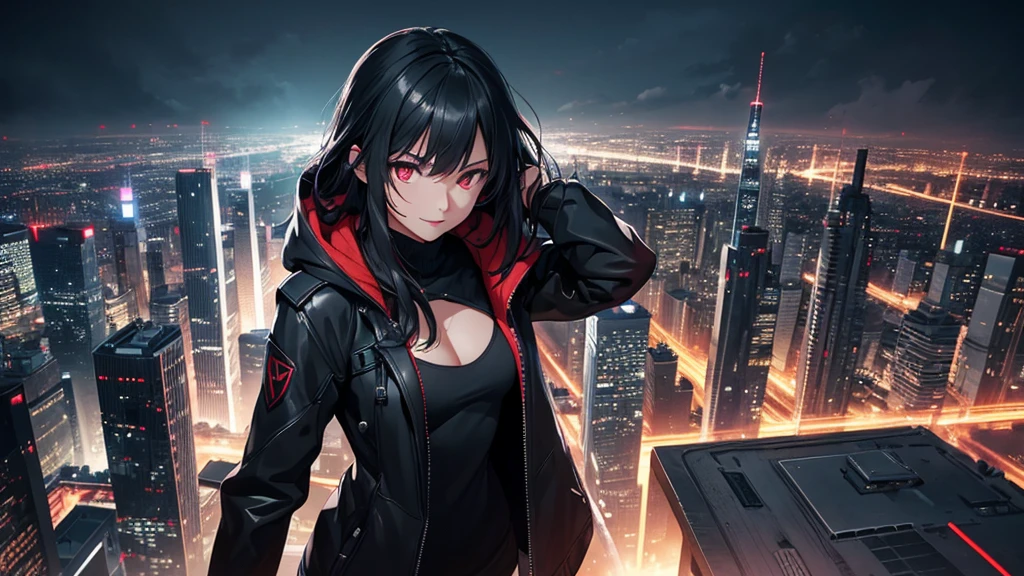 最high resolution,high resolution,Legendary Assassin, Beautiful age Woman,Small breasts,black hooded coat , Grey Shirt,Black pants,Fearless smile, Red lips, Black Hair, Red eyes, realism, Night city view from the top of a skyscraper,Neon Town,Digital Painting, Concept Art, Smooth, Sharp focus, Three-part method, Style Psycho,Detailed Eyes,assassin's creed