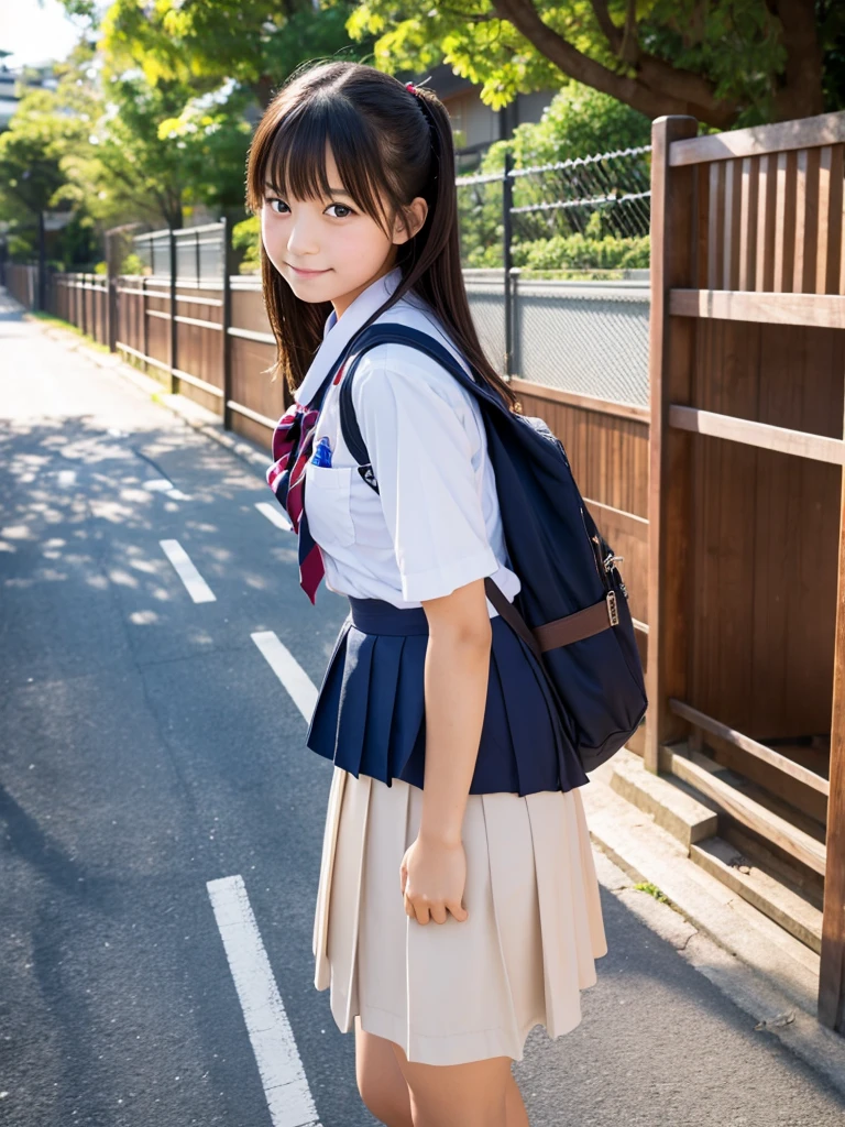 Highest quality,Highest Resolution,A high school girl coming out of a Japanese school gate,