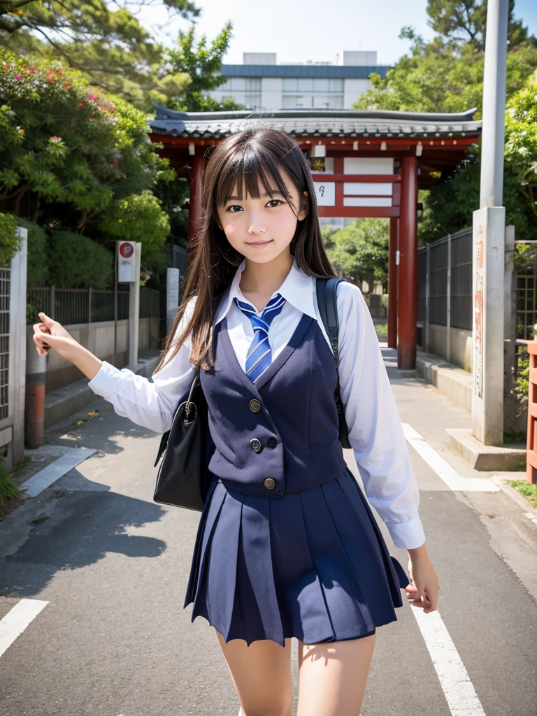 Highest quality,Highest Resolution,A high school girl coming out of a Japanese school gate,