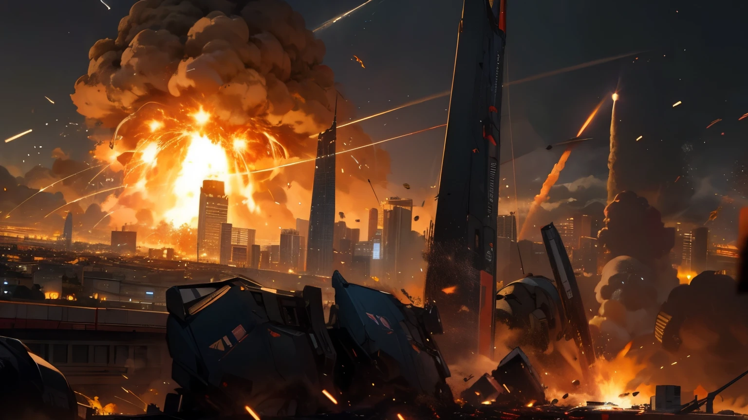 City destroyed by missiles, fire, Night view, explosion, Battle of the robots