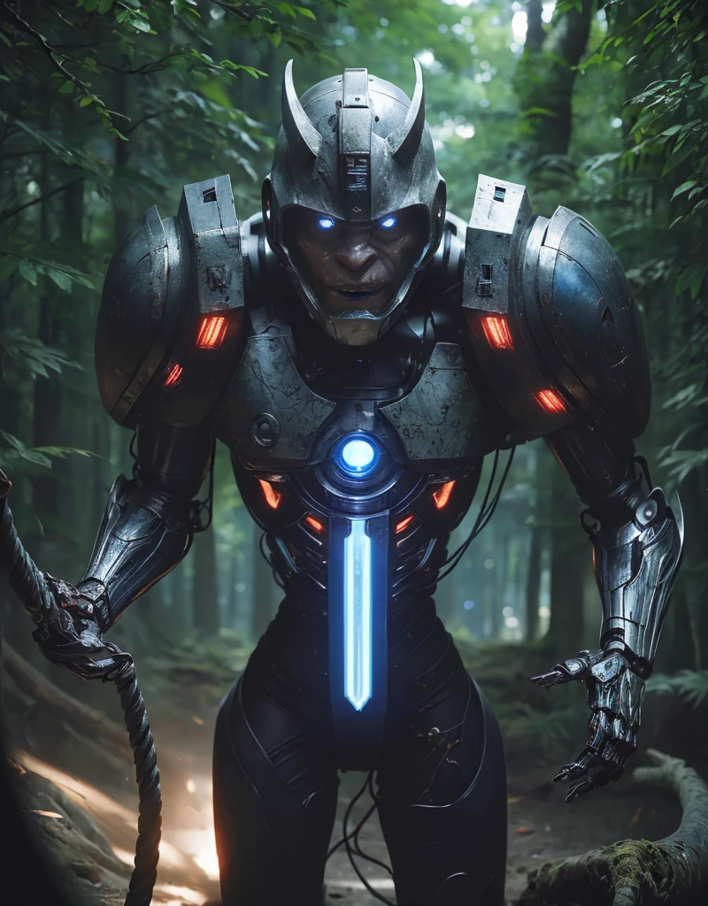 (1 Mechanical Girl)、top-quality、masterpiece、超A high resolution、(Photorealsitic:1.4)、Raw photo、女の子1人、Fight mutants、glowy skin、(((1 Mechanical Girl)))、With a beautiful knife、(Green Metal Bodysuit)、(Fight goblings、ogre、Fierce battle with orcs),(Fight fiercely against aliens)、Fight fiercely、(beautiful forest background)、(Fighting Demonic Beasts)、(Small LED)、((super realistic details))、portlate、(Strong giant demon beast background),globalillumination、Shadow、octan render、8K、ultrasharp、Colossal 、Raw skin is exposed in cleavage、metals、Details of complex ornaments、Japan details、highly intricate detail、Realistic light、(Mystical expression),CGSoation Trends、Blue eyes、radiant eyes、Facing the camera、neon detailechanical limbs)、(blood vessels connected to tubeechanical vertebrae attached to the back、mechanical cervical attaching to neck、(Wires and cables connecting to the head)、Gundam、Small LED、,Mechanical thighs、Toostock、(Hands are also made of machines)、(Attack of the Monster Beasts)、(Wounded in a deadly battle)、