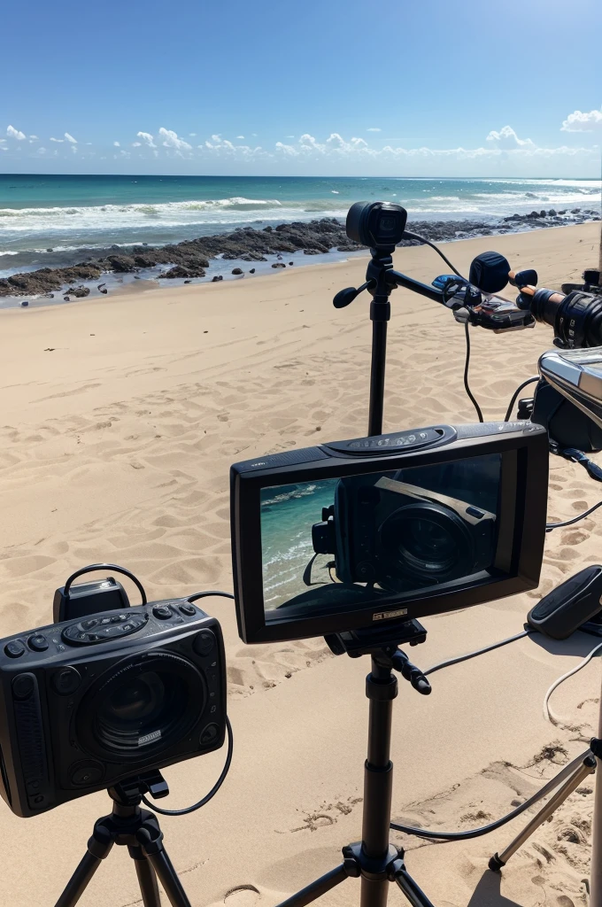 A TV show being recorded on a super polluted beach