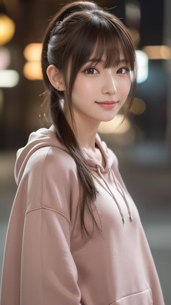 blush,14 years old,small breasts,winter,european cityscape,night,long hair ponytail,outdoors,Warm winter clothes,wearing a hoodie with a hood,close up of face,((8K, Raw photo, best quality, muste piece:1.2), (Reality, photorealistic:1.4), (Highly detailed 8K wallpaper), Depth of the bounds written, cinematic lighting, soft light, detailed beauty eye,Shiny and smooth light brown ponytail, asymmetrical bangs, shiny skin, super detailed skin ,high resolution, high detail, detailed hairstyle, detailed beauty face, hyper real, perfect limbs, perfect ??????? ,1 Japanese girl,famous japanese idol, perfect female body,shy smile,short eyelashes,double-edged eyelids,look straight here,Hair style is ponytail,
