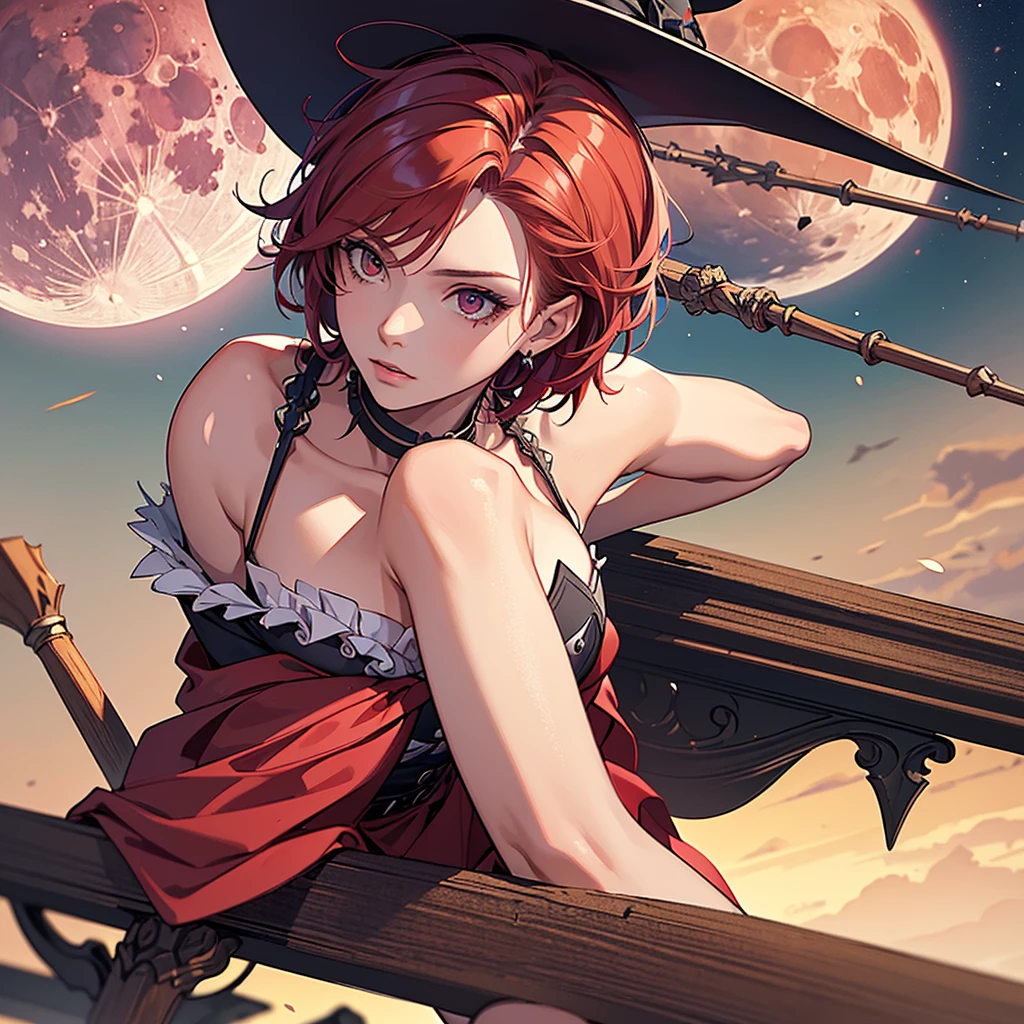 ((best quality)), ((masterpiece)), (detailed),High quality, Ultra detailed, best quality, insanely detailed, beautiful, masterpiece,
One Girl,16 years old, student,witch,violent spiky short hair,red hair,student,(boysh girl),straddle witch's broom, pink colored full moon