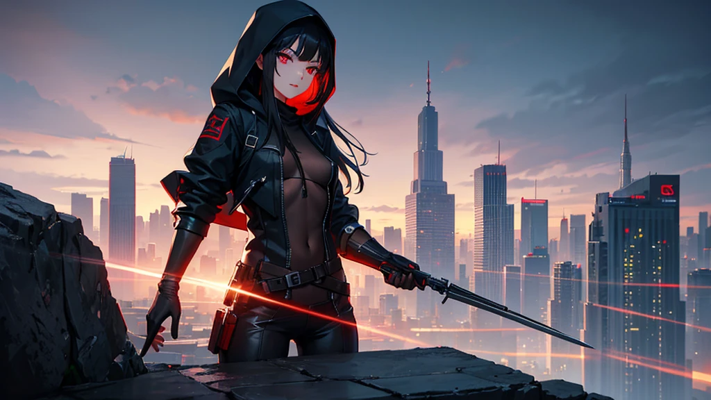 最high resolution,high resolution,Legendary Assassin, Beautiful Teenage Woman,Small breasts,black hooded coat , Grey Shirt,Black pants,Fearless smile, Red lips, Black Hair, Red eyes, realism, Night city view from the top of a skyscraper,Neon Town,Digital Painting, Concept Art, Smooth, Sharp focus, Three-part method, Style Psycho,Detailed Eyes,assassin&#39;s creed