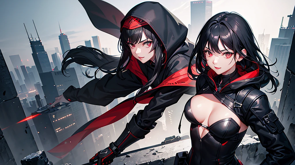 最high resolution,high resolution,Legendary Assassin, Beautiful Teenage Woman,Small breasts,black hooded coat , Grey Shirt,Black pants,Fearless smile, Red lips, Black Hair, Red eyes, realism, Night city view from the top of a skyscraper,Neon Town,Digital Painting, Concept Art, Smooth, Sharp focus, Three-part method, Style Psycho,Detailed Eyes,assassin&#39;s creed