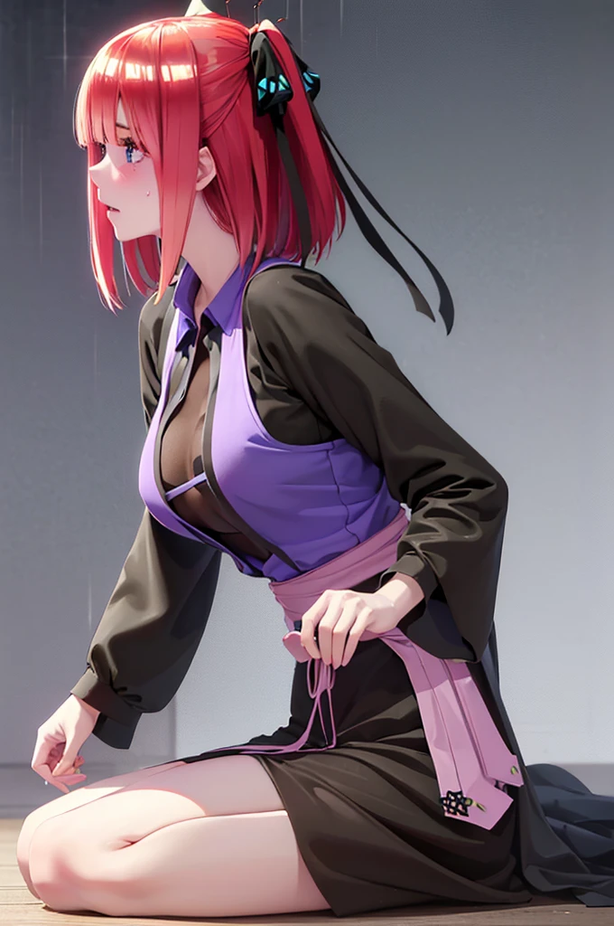 Nino nanaco、short hair, Twin tails、Pink Hair、 blue eyes, hair ornaments, Hair Ribbon, blunt , Both sides up, butterfly hair ornaments, skirt,Off the shoulder、Random color see-through kunoichi costume、Japanese see-through female samurai costume、See-through female ninja costume,, Open clothes, Collared dress emphasizes cleavage、胸の谷間のSweat is noticeable、Professional lighting light reflection、 looking at viewer, (masterpiece:1.2), Highest quality, High resolution, unity 8k wallpaper, (figure:0.8), (Beautiful fine details:1.6), Highly detailed face, Perfect lighting, Highly detailed CG, (Perfect hands, Perfect Anatomy),heavy rain、heavy rainで全身びしょ濡れ、heavy rainで全身びしょ濡れの服、High heels、 ((Perfect handsの形))、(Perfect foot shape、Embarrassed expression、blush、Gestures to seduce a man、Shining Sweat、Perfect Skin,Sweat is noticeable、太もものSweat is noticeable、 Fair skin,Tight waist, Sweating profusely、Sweaty hair、Sweaty clothes、Sweaty、Visible sweat、rain-wet hair、A vast Western church with stained glass windows