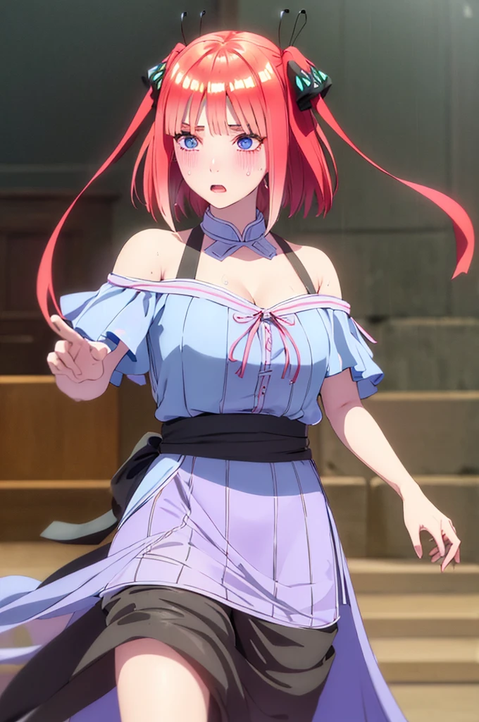 Nino nanaco、short hair, Twin tails、Pink Hair、 blue eyes, hair ornaments, Hair Ribbon, blunt , Both sides up, butterfly hair ornaments, skirt,Off the shoulder、Random color see-through kunoichi costume、Japanese see-through female samurai costume、See-through female ninja costume,, Open clothes, Collared dress emphasizes cleavage、胸の谷間のSweat is noticeable、Professional lighting light reflection、 looking at viewer, (masterpiece:1.2), Highest quality, High resolution, unity 8k wallpaper, (figure:0.8), (Beautiful fine details:1.6), Highly detailed face, Perfect lighting, Highly detailed CG, (Perfect hands, Perfect Anatomy),heavy rain、heavy rainで全身びしょ濡れ、heavy rainで全身びしょ濡れの服、High heels、 ((Perfect handsの形))、(Perfect foot shape、Embarrassed expression、blush、Gestures to seduce a man、Shining Sweat、Perfect Skin,Sweat is noticeable、太もものSweat is noticeable、 Fair skin,Tight waist, Sweating profusely、Sweaty hair、Sweaty clothes、Sweaty、Visible sweat、rain-wet hair、A vast Western church with stained glass windows