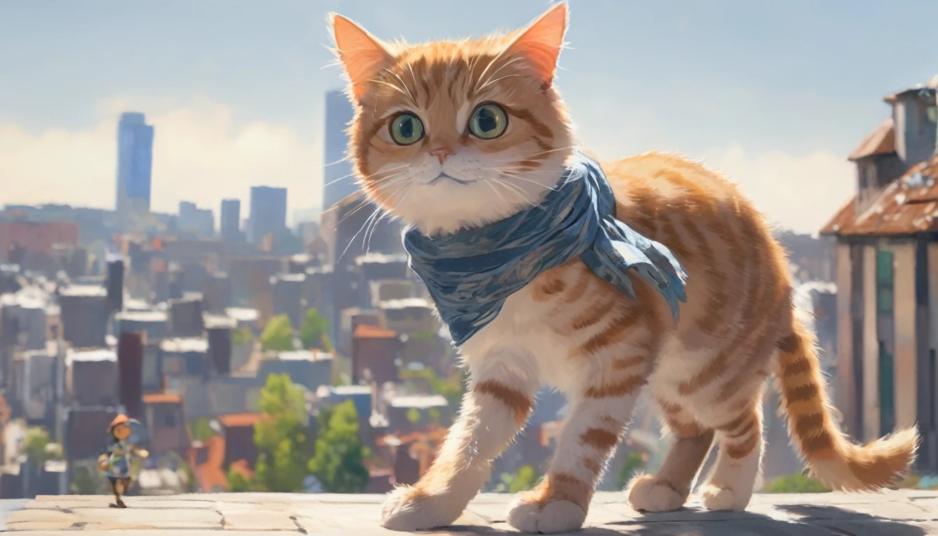 By Alaina Remar、A painting of a cat wearing a small silk scarf. The cat is walking and looks happy. It's a summer morning and the weather is sunny. The townscape in the background. Cat-focused movies, Dynamic pose, Dynamic Background, Dynamic configuration, Dynamic Lighting, Realistic proportions, High resolution, Ray Tracing, Very detailed, Super detailed, Intricate details, Very detailed雰囲気, Very detailedテクスチャ.