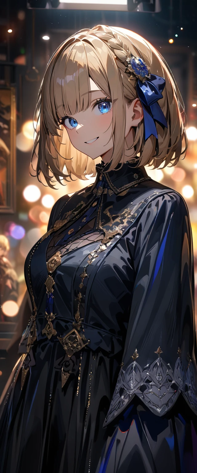 (((One girl))), Shibuya, blond hair, bob cut, (looking at viewer), upper body, breasts, ager, head tilt:1.3, (((blue eye))), constricted pupils, (from side:1.3), ((happy smile)), (((gothic loli.3))), hair ornament, hair ribbon, anime style, (best quality, 4k, 8k, highres, masterpiece:1.2, ultra-detailed, ultra-detailed eyes, HDR, UHD, studio lighting, ultra-fine painting, sharp focus, physically-based rendering, extreme detail description, professional, vivid colors, bokeh)