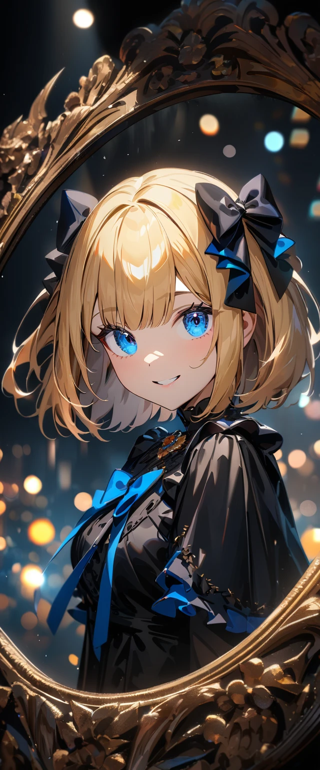 (((One girl))), Shibuya, blond hair, bob cut, (looking at viewer), upper body, breasts, teenager, head tilt:1.3, (((blue eye))), constricted pupils, (from side:1.3), ((happy smile)), (((gothic lolita:1.3))), hair ornament, hair ribbon, anime style, (best quality, 4k, 8k, highres, masterpiece:1.2, ultra-detailed, ultra-detailed eyes, HDR, UHD, studio lighting, ultra-fine painting, sharp focus, physically-based rendering, extreme detail description, professional, vivid colors, bokeh)