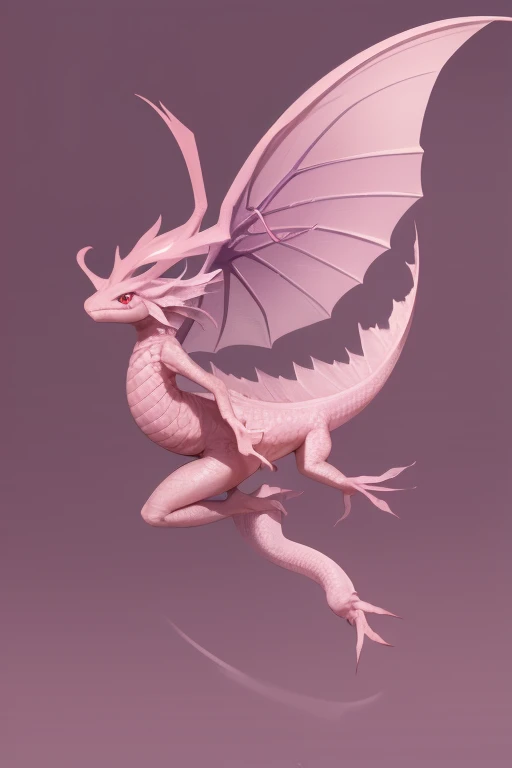 a large pink flying axolotl dragon looking directly at the viewer pale purple background