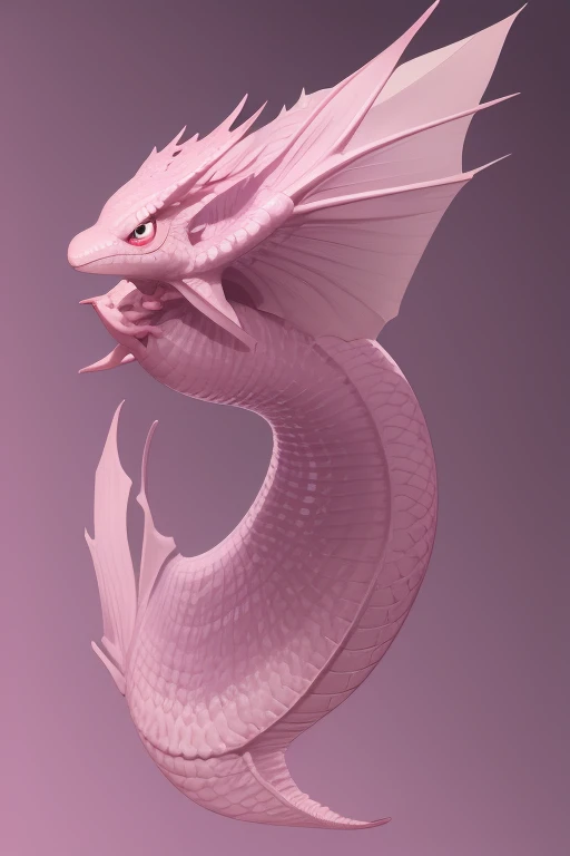 a large pink flying axolotl dragon looking directly at the viewer pale purple background