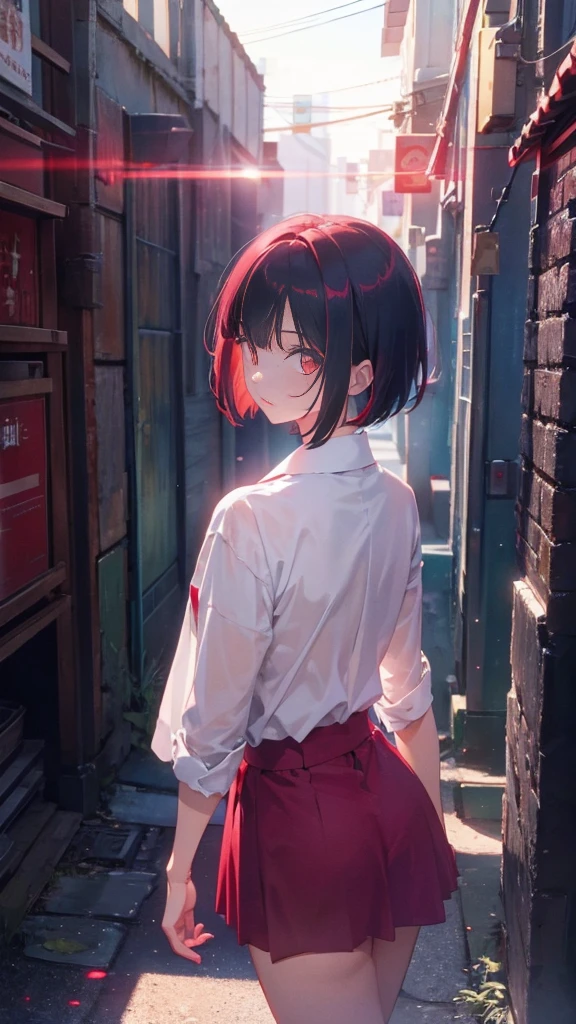 girl with short bob hair,Red eyes ,A shining heaven,Walking in heaven