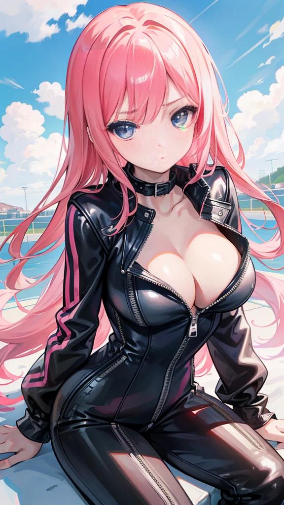 beautiful girl,(Racing girl),Leather jumpsuit,(黑色Leather jumpsuit),Leather Clothes,Pink long hair,(Pink Hair),Bangs,Zipper to open,(Leather jacket zipped up),((Cleavage)),Open your heart,(Shy expression),Sit on a race car,Blue sky and white clouds