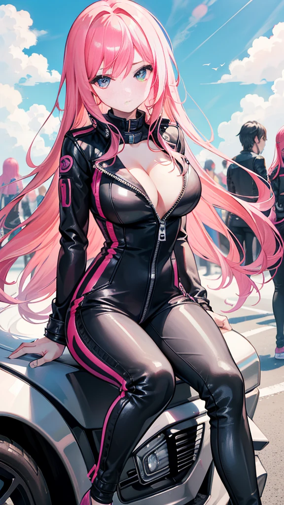 beautiful girl,(Racing girl),Leather jumpsuit,(黑色Leather jumpsuit),Leather Clothes,Pink long hair,(Pink Hair),Bangs,Zipper to open,(Leather jacket zipped up),((Cleavage)),Open your heart,(Shy expression),Sit on a race car,Blue sky and white clouds