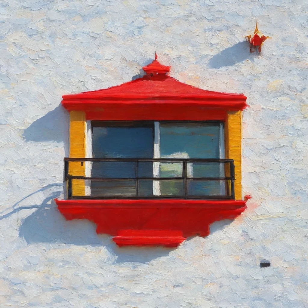  “Create a masterpiece, ultra-detailed, beautiful, distinct, best aesthetic, super fine illustration of a vibrant red bay window. The window features an ornate black wrought iron railing, a bright yellow window frame, and a white stucco wall texture. The sharp shadow contrast is created by the clear blue sky patch, and the sunlight angle is from the side. The drawing style should be Mixed Media, incorporating techniques like Impasto (Thick Painting), pointier painting method (Pointier technique), and pointillism (Pointillism). Additionally, consider elements like repoussoir (Low depth of field) and Sfumato (Blur techniques). Capture the essence of impressionism and Van Gogh’s style, while detailing the digital painting (Digital Paint).”