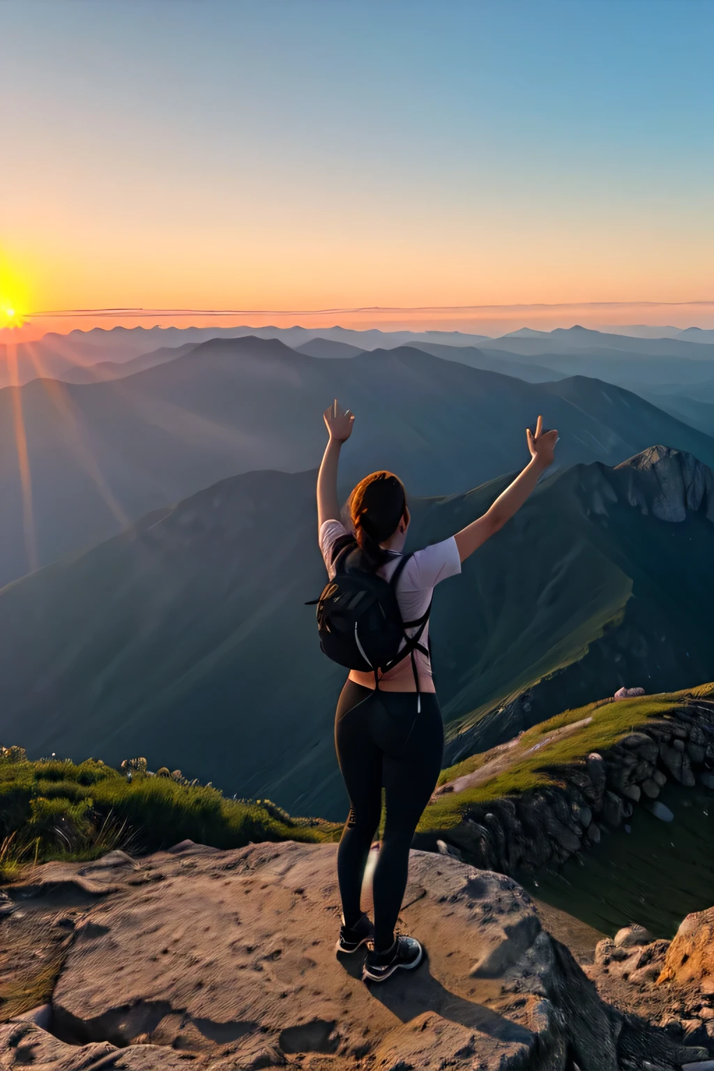 image of a person standing triumphantly on a mountain summit, looking out over a breathtaking view.Sunrise: A vibra