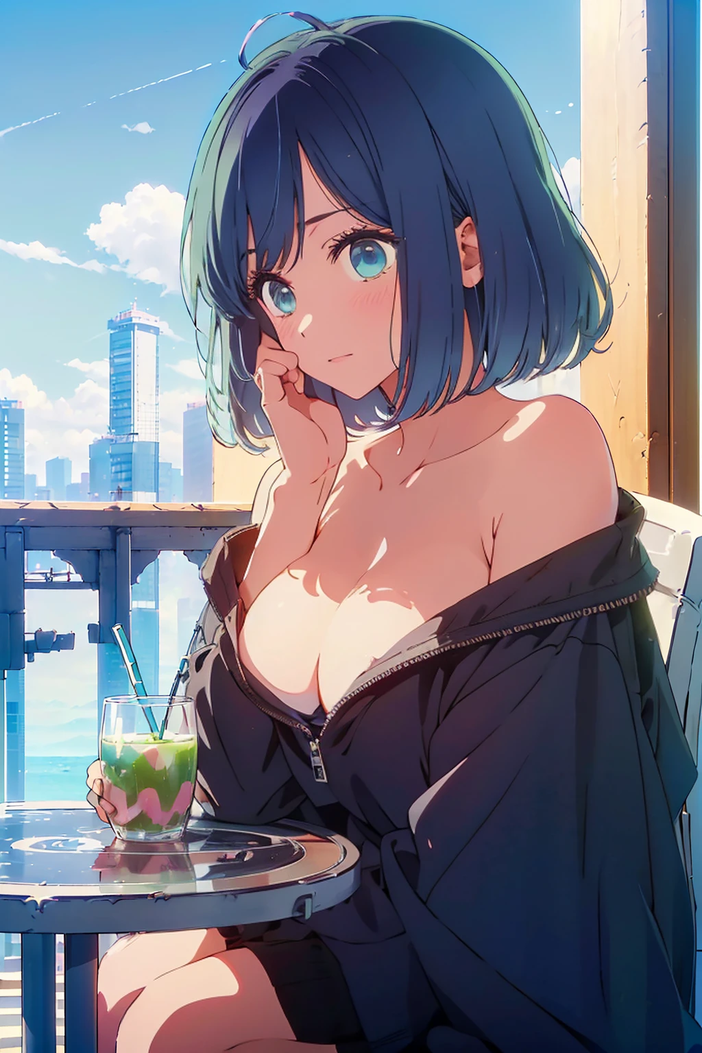 (Highest quality:1.4、8K:1.4、detailed)、F cup bust、Big Breasts、Slim body、Very white beautiful skin、((((1 person、Surprised expression、sit、Chair、In the background are the urban buildings of Tokyo、looking at the camera、Outdoor café terrace、Navy hair color、juice、Shooting up close、Shooting from an angle、table、Very cute face))))、((((nude、very beautiful areola))))、(Hand touching cheek pose:1.4、Cheek resting on hand:1.4)、(Off-the-shoulder blouson、Black blouson with zipper)、Very blue sky、A completely cloudless sky