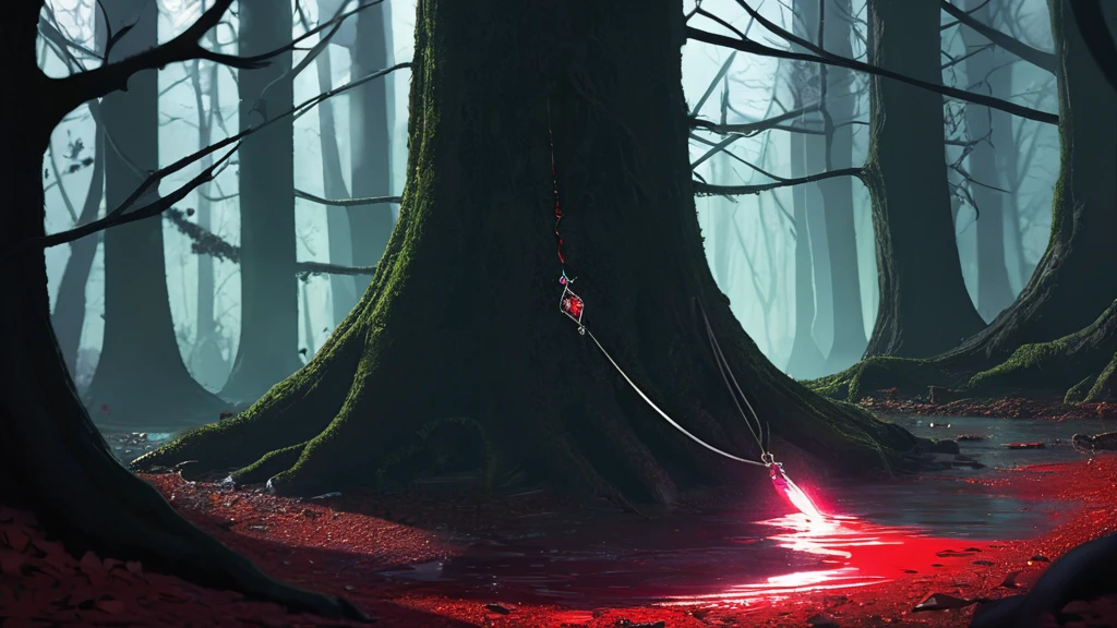 As you traverse the shadowy forest path, a glint catches your eye amidst the fallen leaves: a pendant fashioned from a dark, gleaming substance. Upon closer inspection, you realize it's a necklace adorned with tiny vials filled with crimson liquid. Whose blood is this? Why was it left here, abandoned and mysterious? Write about the origins of the blood necklace and the unsettling discoveries it leads to."