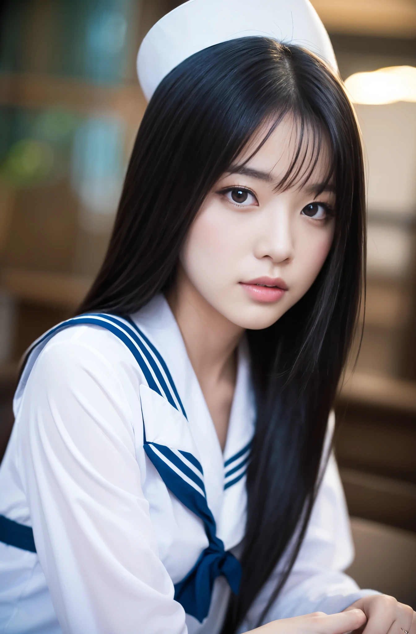 instax, snapshot, Realistic, Photography, jpop girl group's girl, Japanese-idol-face girl, A girl with a face like a beautiful anime cosplayer, -yeld, kai, Japanese sailor , black hair, straight hair, Lomography, blue and white, cinematic shot, dynamic pose, dynamic angle, in the style of y2k aesthetic