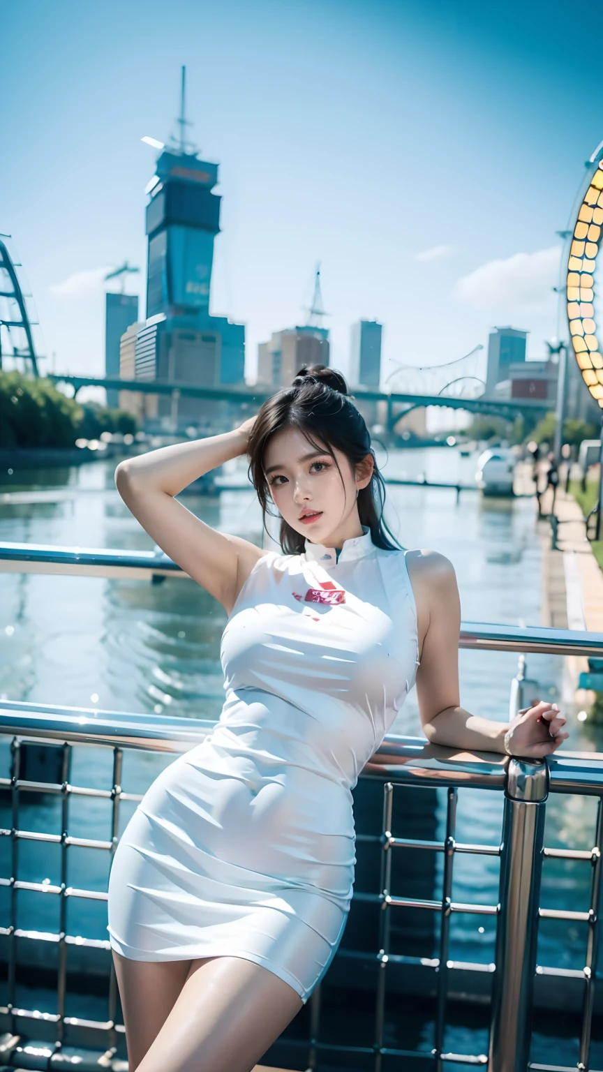 Best quality，masterpiece，16K，A girl，Wearing a tight superhero costume，White hair，Brown eyes，Delicate face，Big breasts，Dynamic poses，Girl Pose，Looking at the camera，Upper Body，Above the knee，Ferris wheel，river，Metal fence on the shore，Leaning against the fence