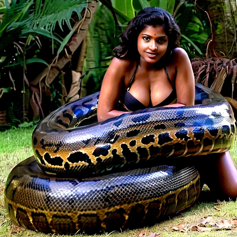 Happy Horny, aroused 1girl), beautiful kneeling Indian young girl with giant colossal black titanboa squeezing her hard, wrapped in thick spiraling coils, constricted, struggle, gasping for air, snake attack, snake peril, moonless night, dim light
