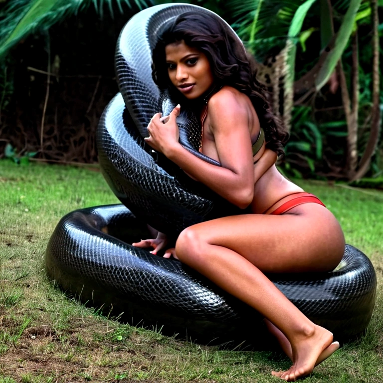 Happy Horny, aroused 1girl), beautiful kneeling Indian young girl with giant colossal black titanboa squeezing her hard, wrapped in thick spiraling coils, constricted, struggle, gasping for air, snake attack, snake peril, moonless night, dim light
