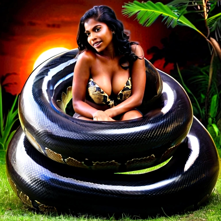 Happy Horny, aroused 1girl), beautiful kneeling Indian young girl with giant colossal black titanboa squeezing her hard, wrapped in thick spiraling coils, constricted, struggle, gasping for air, snake attack, snake peril, moonless night, dim light