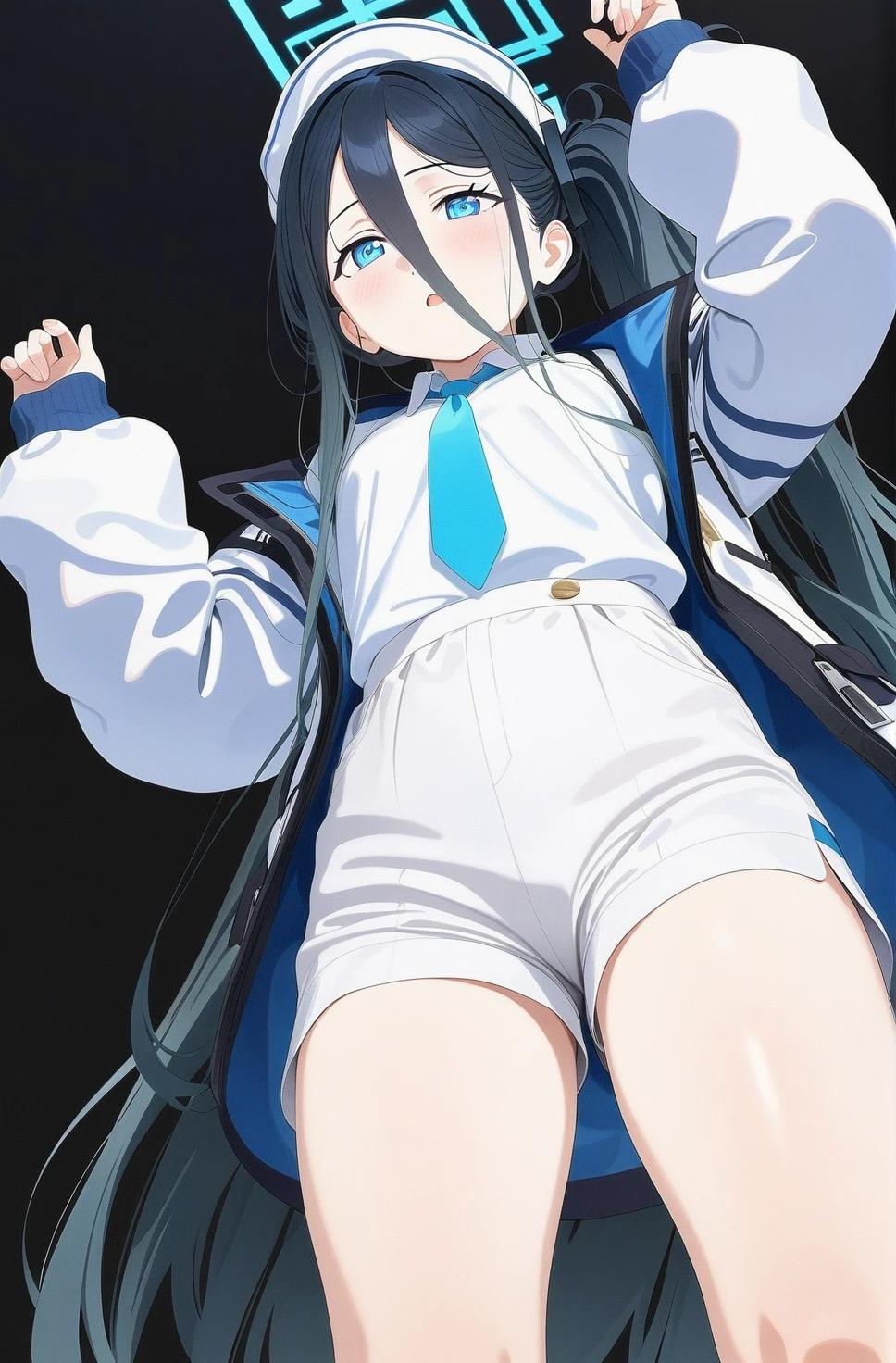 best quality, amazing quality, very aesthetic, absurdres, 1girl, aris (blue archive), blue archive, blue eyes, shorts, (artist official art:1.5), (from below), (realistic face), (narrowed eyes), (cowboy shot), ), panties, (thigh), expressive eyes, perfect face, 4k, extremely detailed anime illustration, extremely detailed eyes, enhanced details, perfect anatomy, light rays, photo background, extremely delicate body, smooth skin, feminine expression, (black background:1.5), cristal clear eyes, beautiful face,
