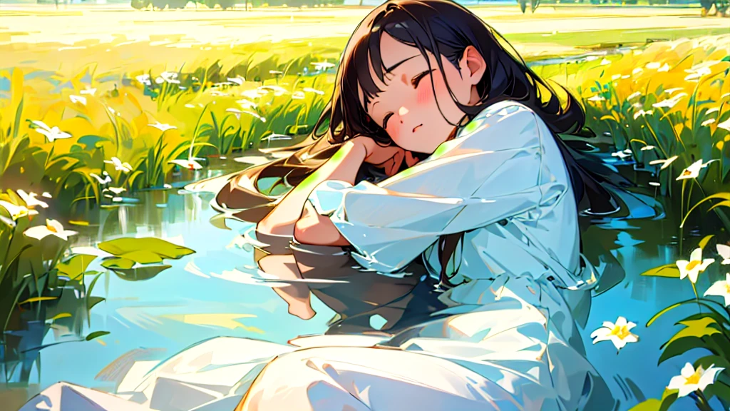 (Highest quality, masterpiece, Ultra-realistic), Beautiful and delicate15Year-old girl portrait,, The background is a field with a river running through it.、Sleeping with a calm expression、The time is evening