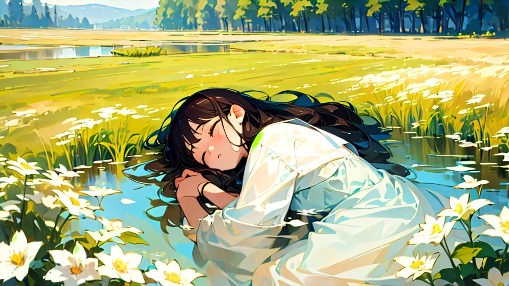 (Highest quality, masterpiece, Ultra-realistic), Beautiful and delicate15Year-old girl portrait,, The background is a field with a river running through it.、Sleeping with a calm expression、The time is evening