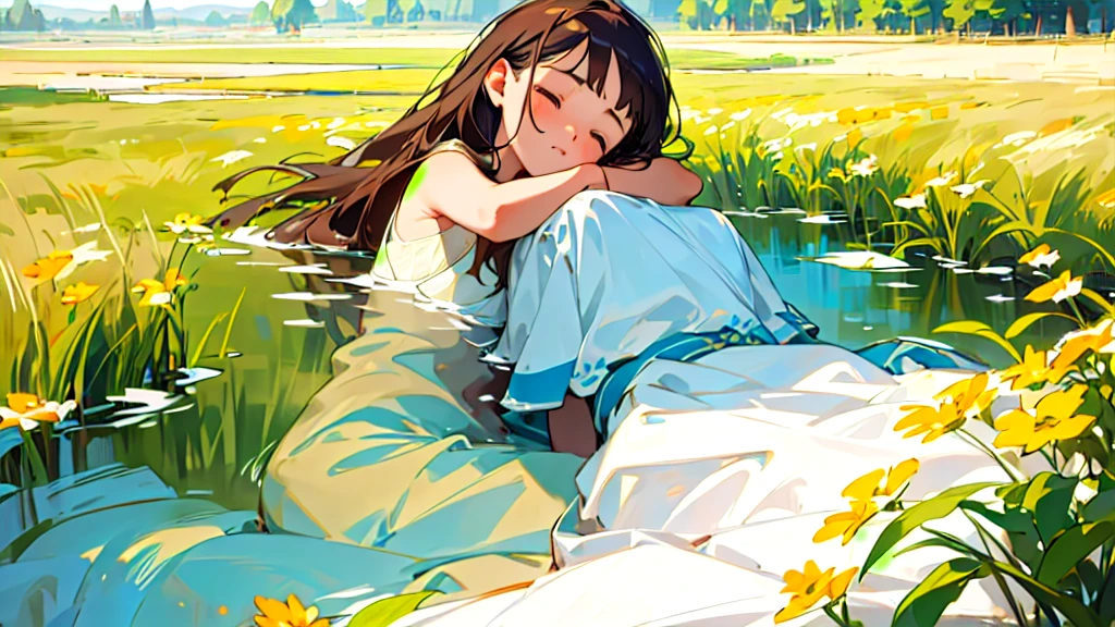 (Highest quality, masterpiece, Ultra-realistic), Beautiful and delicate15Year-old girl portrait,, The background is a field with a river running through it.、Sleeping with a calm expression、The time is evening