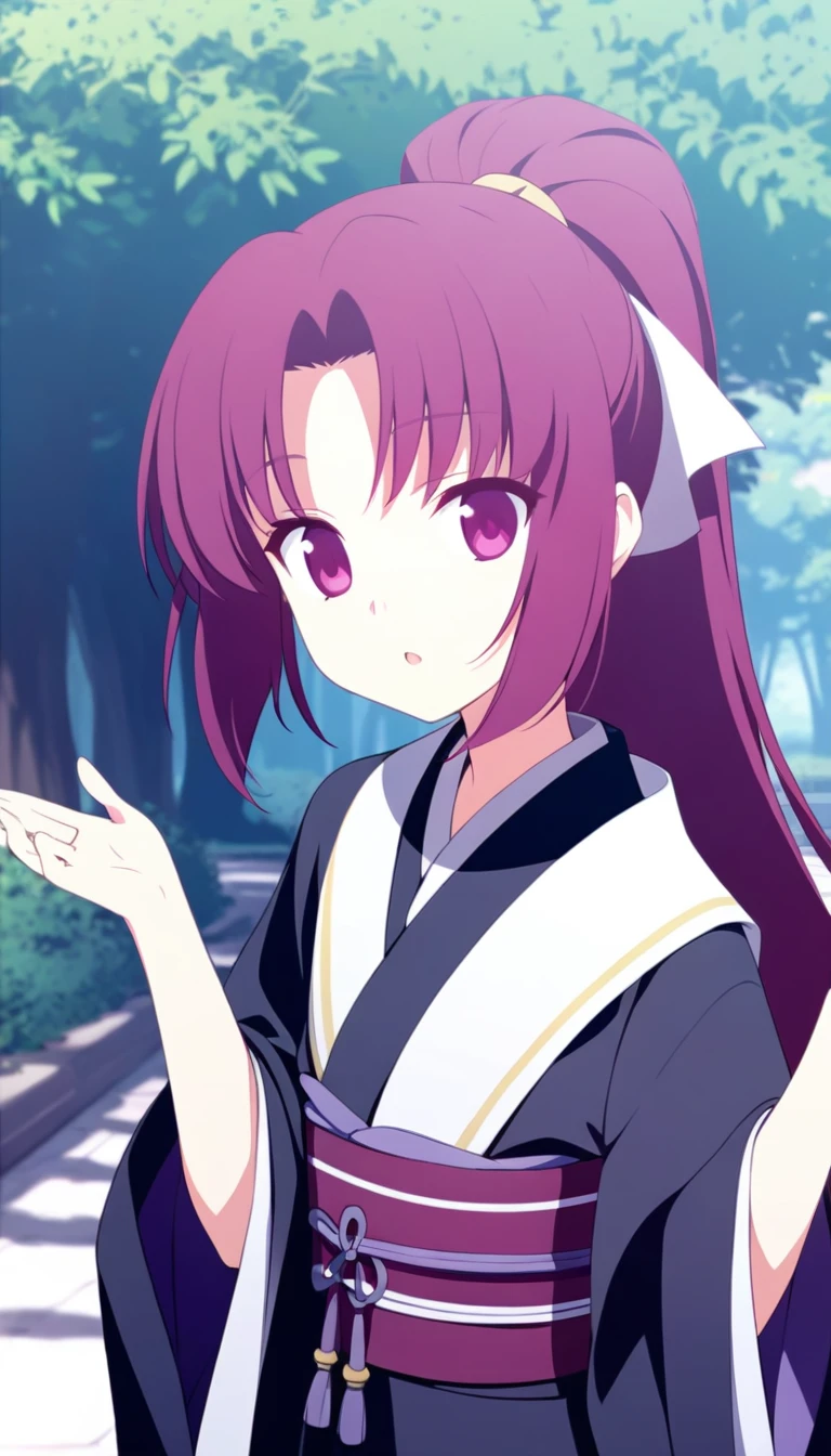 hyakkihime,1girl,black kimono,, ponytail, purple eyes,(petite:1.2)