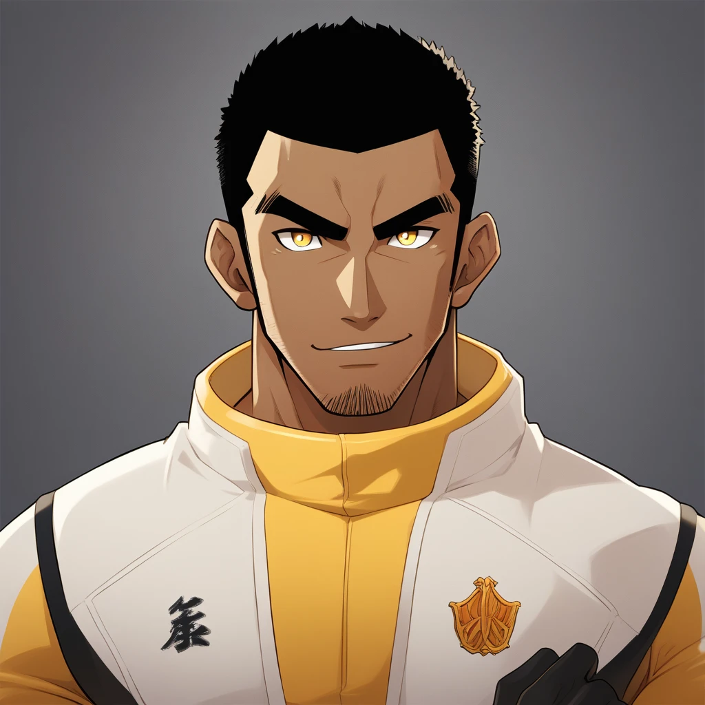 anime characters：Gyee, Muscle Sports Student, negro black skin, Buzz Cut，1 dark skin muscular tough guy, Manliness, male focus, Dark yellow high collar long sleeve wetsuit, Matte texture, Very tight, Slightly transparent, muscular male, muscular, only, Upper body, alone, Black short hair, Thick eyebrows, stubble, Yellow eyes, Grey background, simple background, amazing quality, best aesthetics, Ridiculous, bright pupils, crew cut, parted lips, seductive smile, torogao, naughty face,  best quality