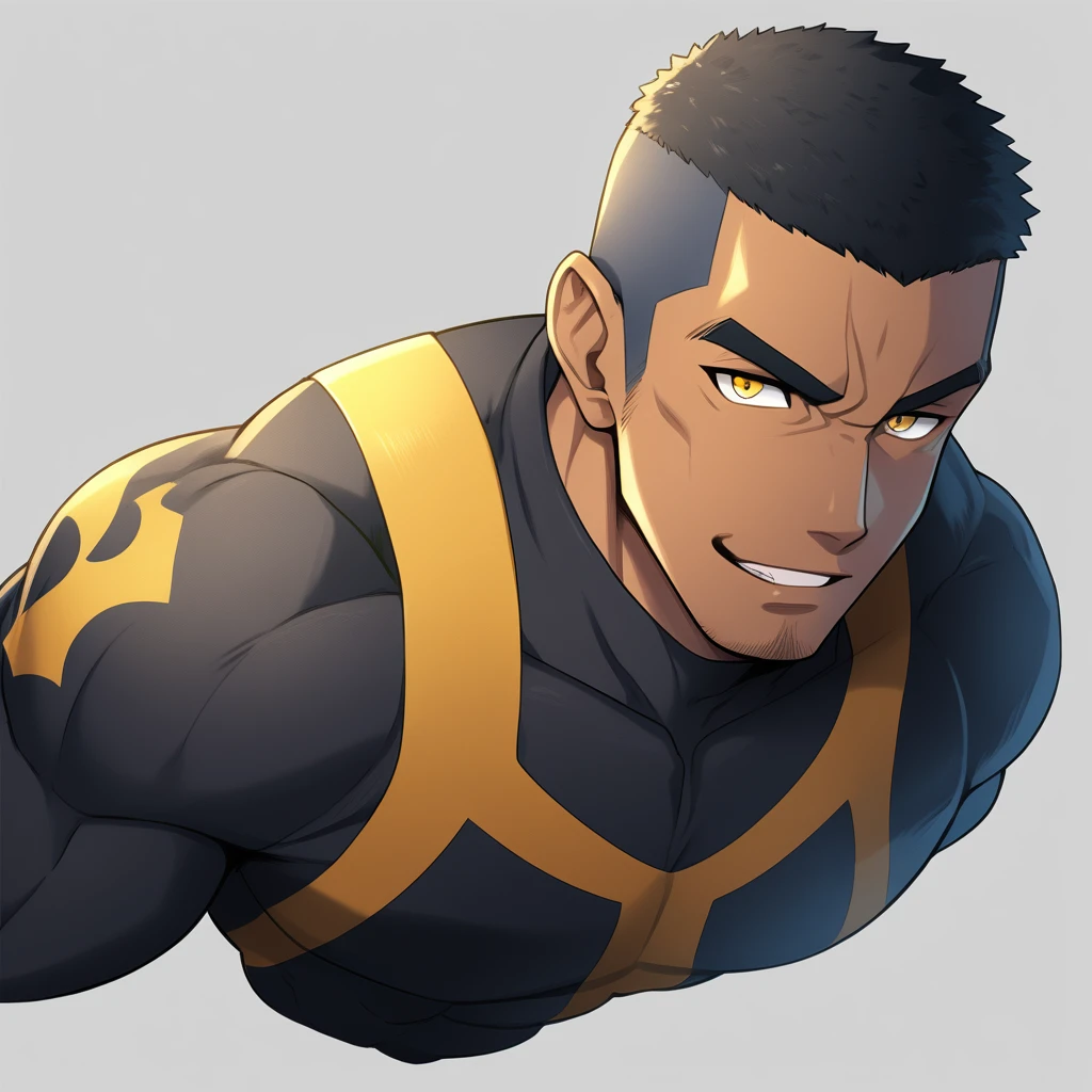 anime characters:Gyee, Muscle Sports Student, negro black skin, Buzz Cut,1 dark skin muscular tough guy, Manliness, male focus, Dark yellow high collar long sleeve wetsuit, Matte texture, Very tight, Slightly transparent, muscular male, muscular, only, Upper body, alone, Black short hair, Thick eyebrows, stubble, Yellow eyes, Grey background, simple background, amazing quality, best aesthetics, Ridiculous, bright pupils, crew cut, parted lips, seductive smile, torogao, naughty face, best quality