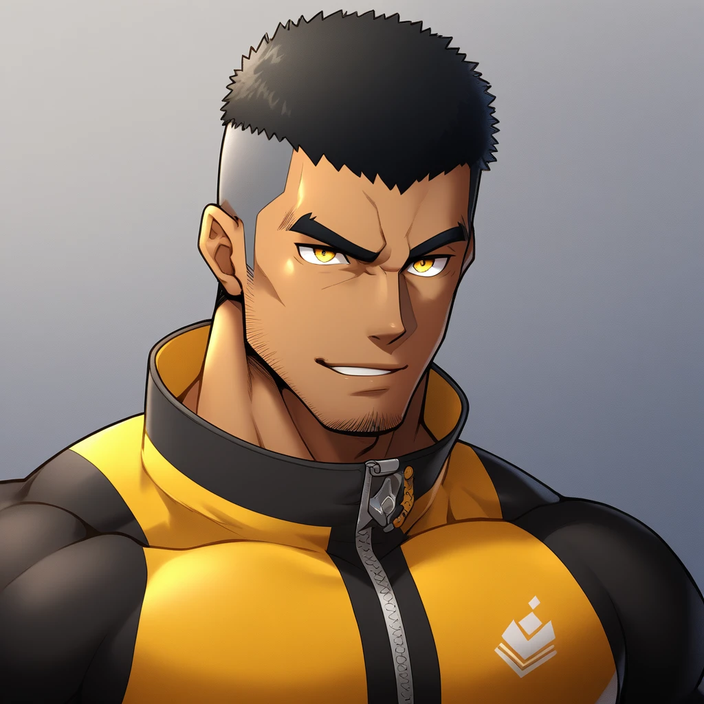 anime characters：Gyee, Muscle Sports Student, negro black skin, Buzz Cut，1 dark skin muscular tough guy, Manliness, male focus, Dark yellow high collar long sleeve wetsuit, Matte texture, Very tight, Slightly transparent, muscular male, muscular, only, Upper body, alone, Black short hair, Thick eyebrows, stubble, Yellow eyes, Grey background, simple background, amazing quality, best aesthetics, Ridiculous, bright pupils, crew cut, parted lips, seductive smile, torogao, naughty face,  best quality