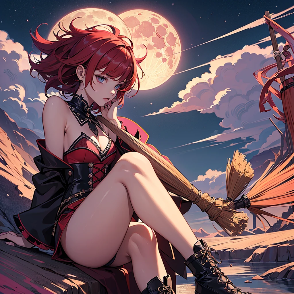 ((best quality)), ((masterpiece)), (detailed),High quality, Ultra detailed, best quality, insanely detailed, beautiful, masterpiece,
One Girl,, student,witch,violent spiky short hair,red hair,student,(boysh girl),straddle witch's broom, pink colored full moon