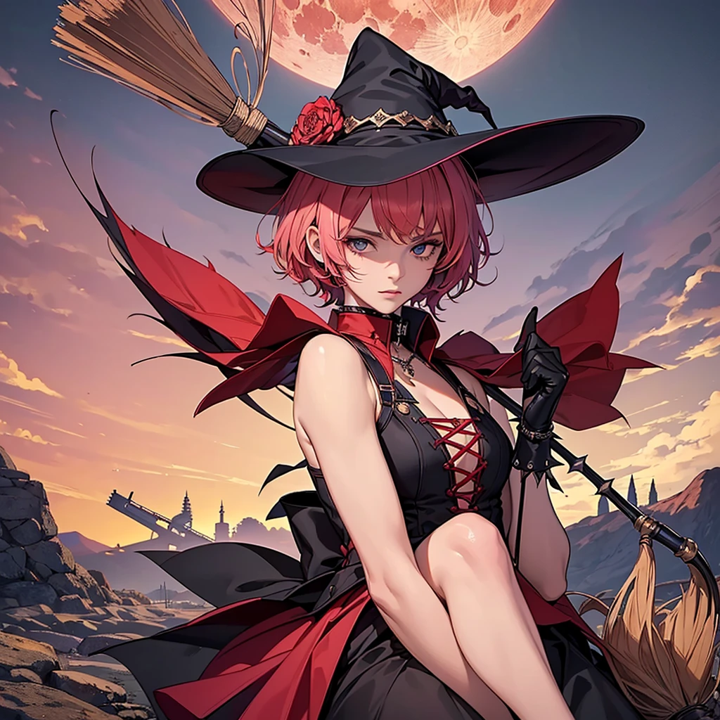 ((best quality)), ((masterpiece)), (detailed),High quality, Ultra detailed, best quality, insanely detailed, beautiful, masterpiece, 
One Girl,16 years old, student,witch,violent spiky short hair,red hair,student,(boysh girl),straddle witch's broom, pink colored full moon