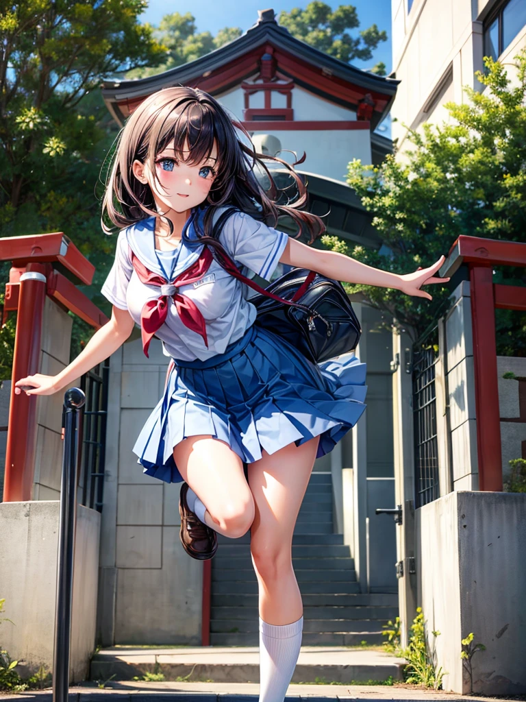 Highest quality,Highest Resolution,A high school girl coming out of a Japanese school gate,