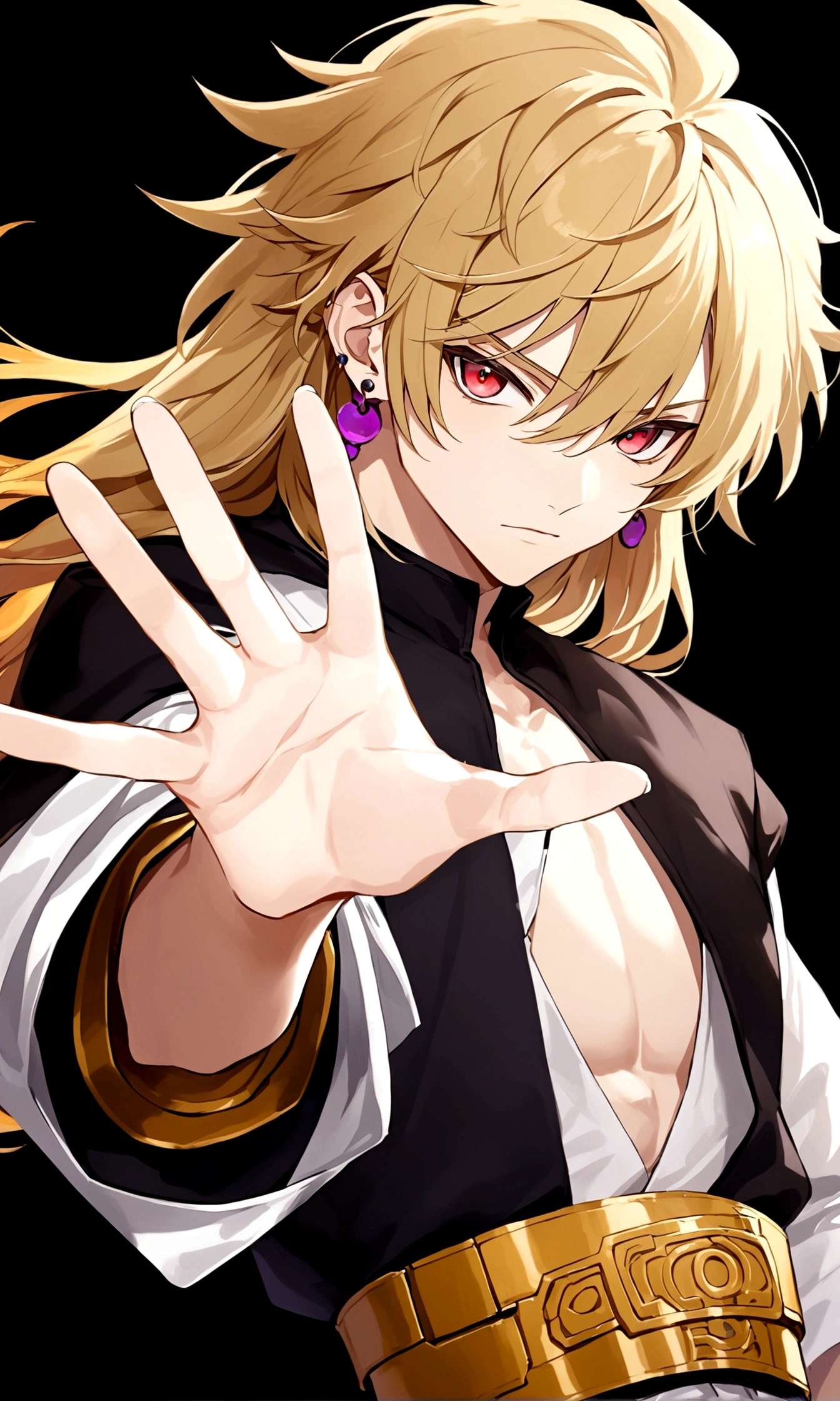 solo, long hair, looking at viewer, blonde hair, simple background, red eyes, 1boy, jewelry, male focus, earrings, cosplay, black background, outstretched hand