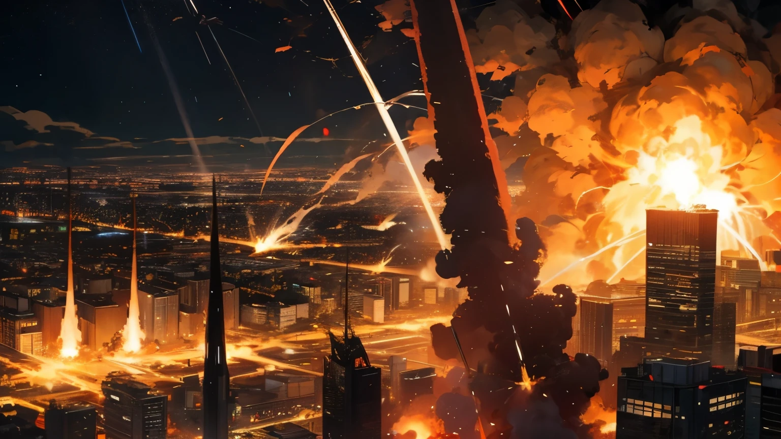City destroyed by missiles, fire, Night view, explosion