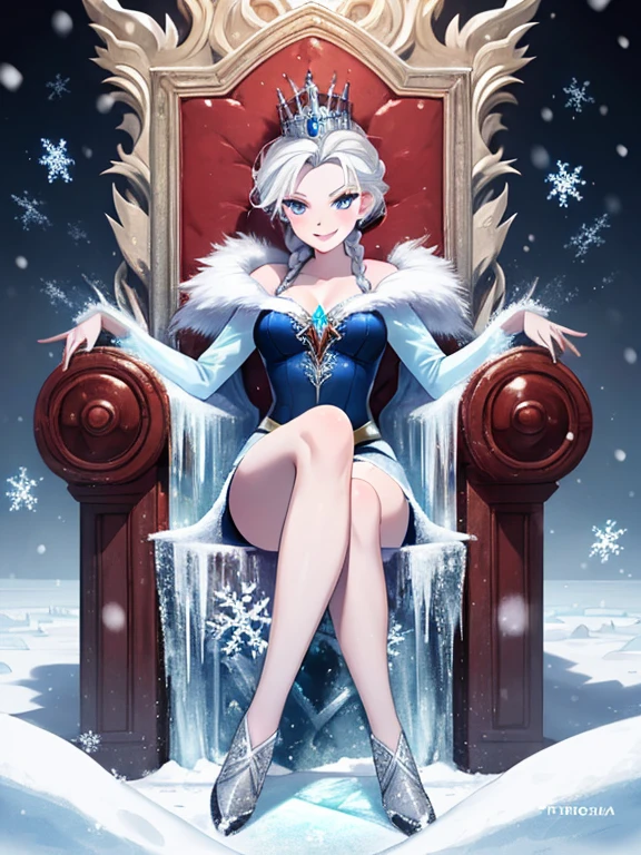 The snow queen, whole body, android18Number, (Frozen, ice, silver, luxurious, heavy, throne of power), Leg spread, (masterpiece), highest quality, Fearless smile, 1girl, uhd, retina, masterpiece, ccurate, anatomically correct, textured skin, super detail, high details, high quality, best quality, highres, 4K
