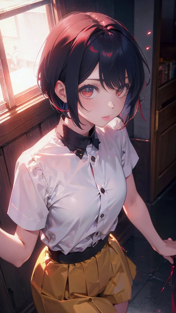 girl with short bob hair,Red eyes ,A shining heaven,Walking in heaven