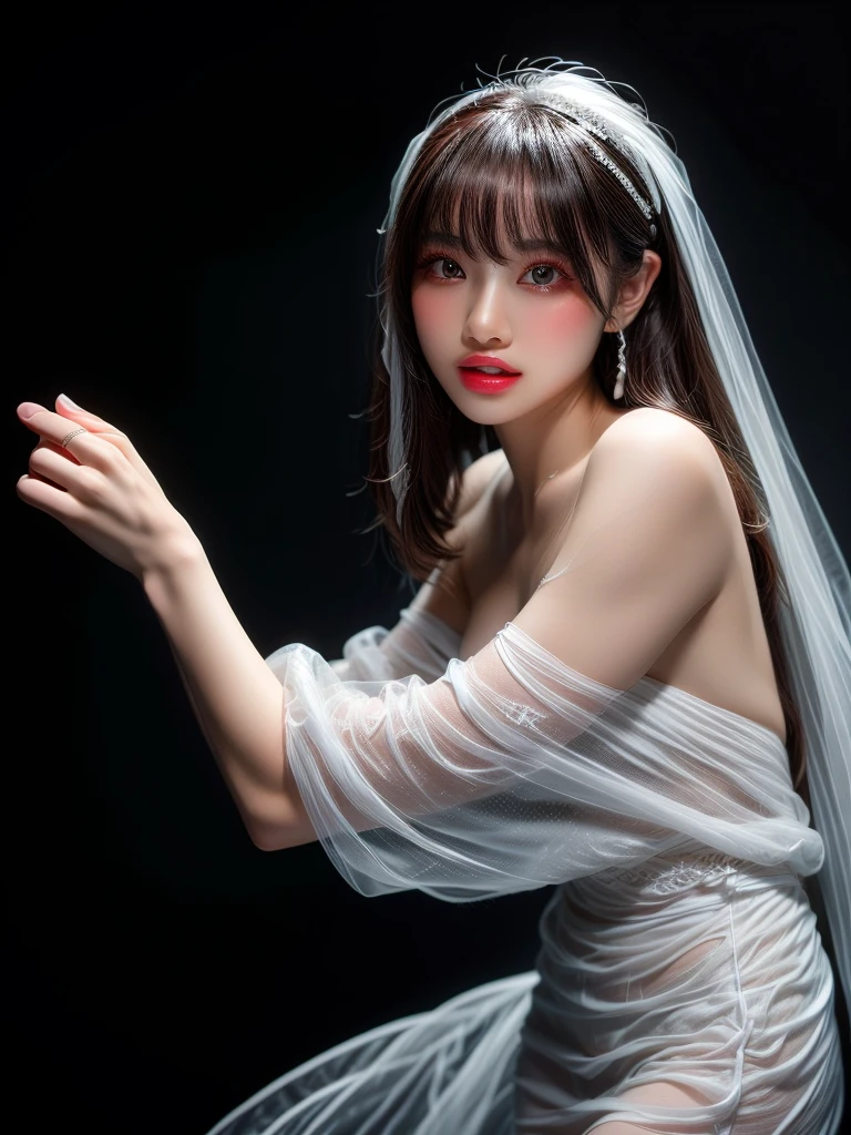 Black background、Professional Lighting、(((Professional Lighting 1.5)))、Translucent skin texture、Sheer skin、Beautiful Skin、(((Whitening 1.5)))、Off the shoulder、White Dress、See-through 1.3、Dynamic Poses、