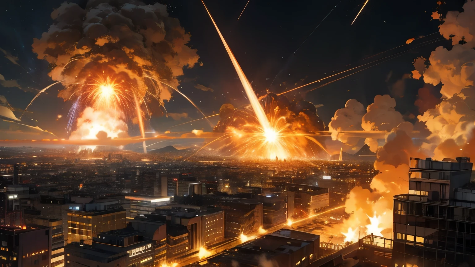 City destroyed by missiles, fire, Night view, explosion