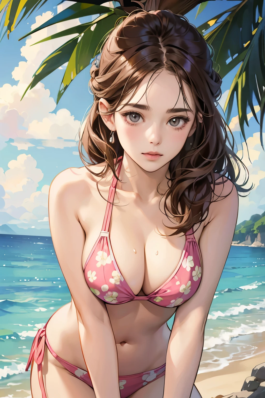 (Tabletop, Digital Art, Digital Illustration, 4K, 8K, Super detailed, Beautiful images, Clear images, Realistic, RAW Photos, Perfect Face, Perfect Lines, Perfect Eyes, Soft lighting) , masterpiece, best quality, 1 girl, 独奏, large breasts, brown hair, half updo , brown eyes,water drop,pink bikini, Halter Bikini, Floral Bikini, beach, shy, leaning forward,