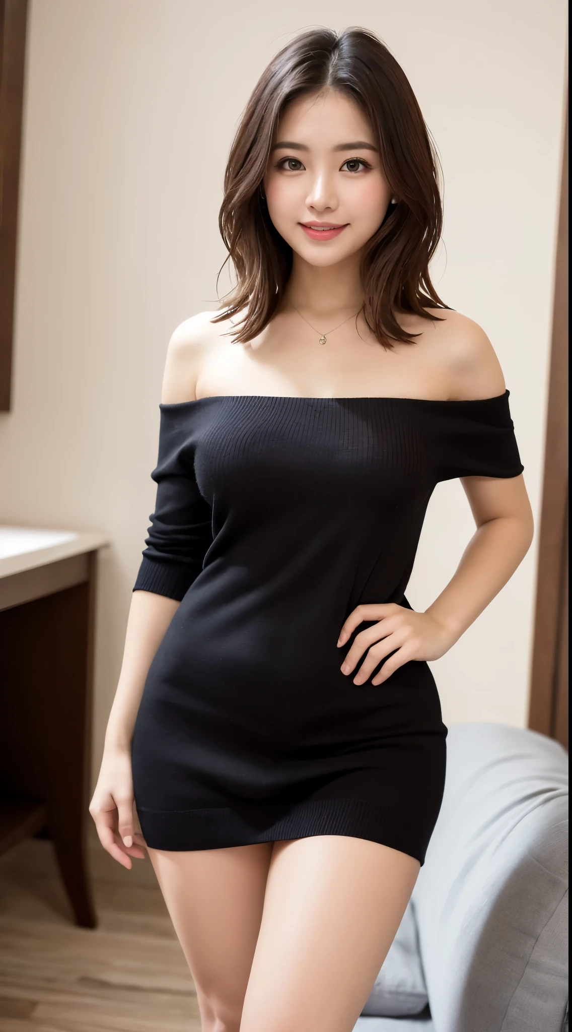 (((masterpiece))), (((Highest quality: 1.4))), ((Very detailed: 1.4)) , ulzzang-6500-v1.1, (RAW Photos:1.2), (Photorealistic), (Genuine:1.4), Sharp focus、Off the shoulder、Realistic female college student wearing a cashmere knit dress、Ultra-realistic pantyhose、short hair、Teasing Smile、Bare thighs!!! Open toe pumps